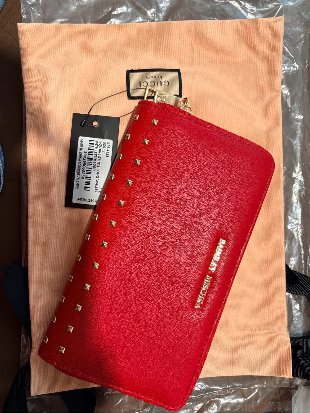 DKNY Red Leather Zip Wallet with Gold Studs